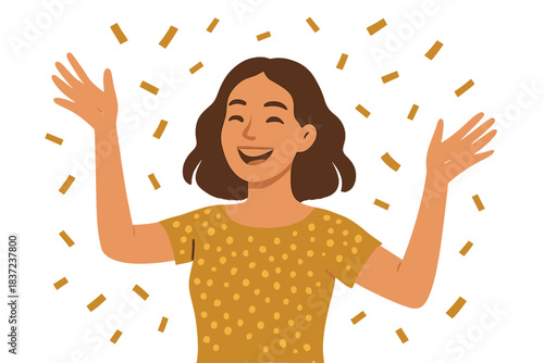 A joyful young woman in a sequin top, smiling brightly, is surrounded by falling golden confetti against a black studio backdrop