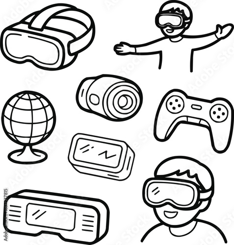 Virtual Reality Doodle Icon Set Cute Hand-Drawn VR Headsets and Immersive Worlds
