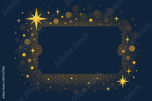Banner coupon template featuring a copy area for Christmas or New Year greetings, adorned with bright, shimmering golden sparkles, a magical bokeh atmosphere, and bling against a dark blue backdrop