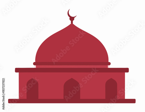 A simple, flat illustration of a red mosque with a dome and crescent moon symbol on top.