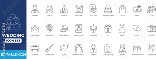 Wedding line icon set featuring rings, invitation, dance, party, engagement, honeymoon, marriage, presentation, seminar, silhouette, planning tools, and romantic event visuals.