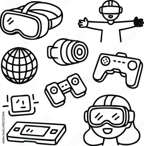 Virtual Reality Doodle Icon Set Cute Hand-Drawn VR Headsets and Immersive Worlds