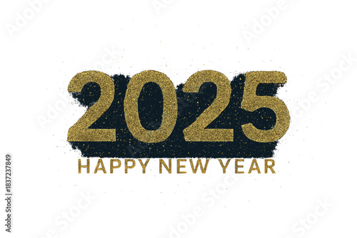 Dust particles create the 2025 Happy New Year, while gold particles appear on a dark blue background