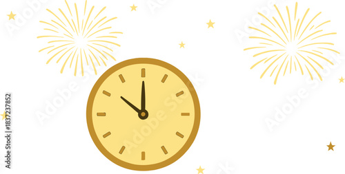 Concept for New Year's Eve 2024 featuring clock hands pointing to the year 2024 against a golden, magical backdrop illuminated by fireworks and soft, blurred lights