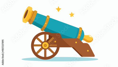 Cartoon illustration of a blue and gold cannon with wooden carriage and wheels, featuring two small stars.