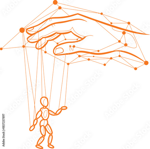 Orange puppet control vector illustration showing marionette manipulated by digital hand with networked strings.