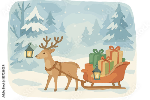 A watercolor winter landscape featuring a reindeer pulling a gift-filled sleigh lit by lanterns in a snowy forest, ideal for holiday cards and festive designs