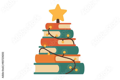 A stack of books shaped into a creative Christmas tree, lit by warm string lights and topped with a glowing star