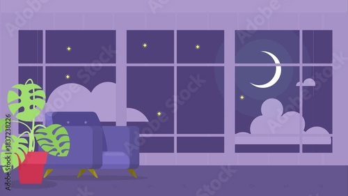 Cozy Living Room Scene at Night with Large Window armchair