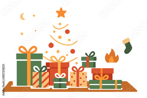 A festive Christmas table is adorned with cheerful holiday gifts in a snug Santa home interior, featuring a banner for Happy New Year, present boxes in a workshop late at night, illuminated by lights