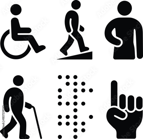 Accessibility Icons Set – Wheelchair, Ramp, Braille, Guidance and Disability Support Symbols