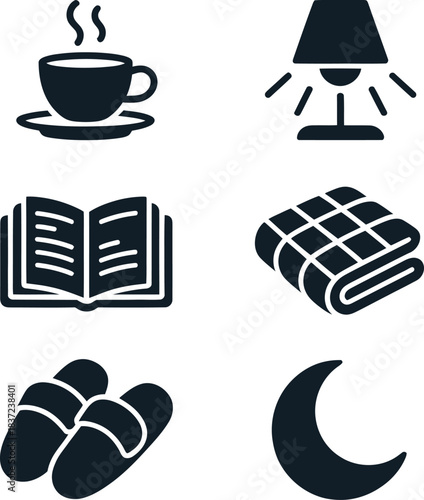 Bedtime Routine Icons Set – Coffee, Lamp, Book, Blanket, Slippers and Moon Symbols
