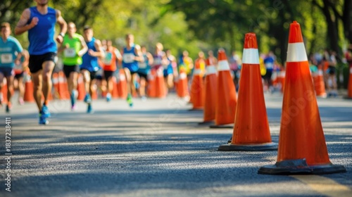 A race event with colorful barricades guiding runners along the marathon route