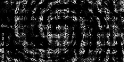 Halftone vector abstract background of circular dots. Texture of particles. Chaotic ornament. Circular pattern of point. Design of banner, poster website, frames social networks.