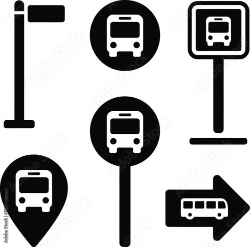 Bus Stop Icons Set – Public Transport, Location Pin and Direction Symbols