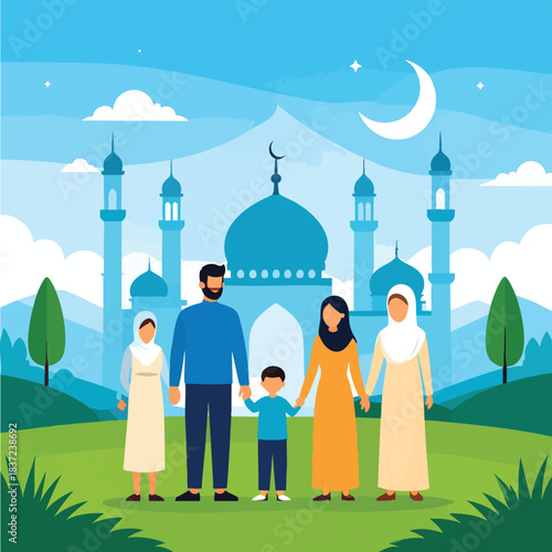 A happy Muslim family, including parents and three children, standing together in front of a beautiful mosque under a crescent moon.