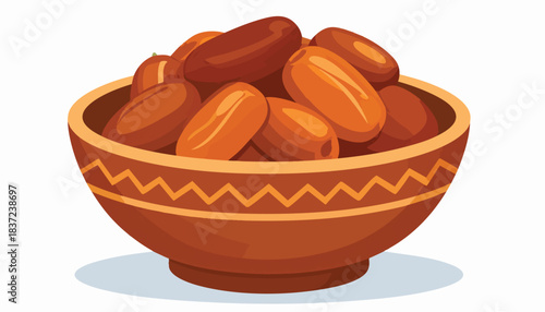 A brown ceramic bowl filled with ripe, sweet dates, ready for consumption, on a white background.