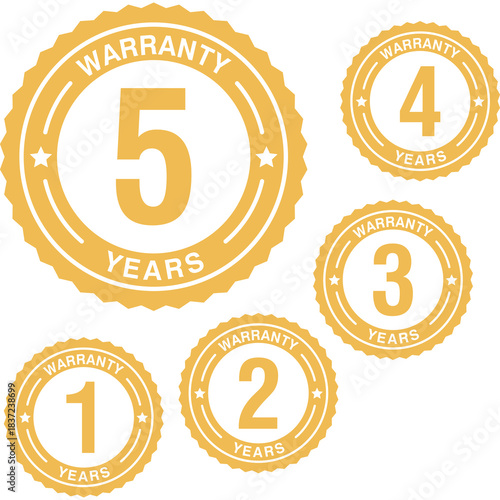 Golden Shield Warranty Logo Set – 1 2 3 5 Year Guarantee Badge with Gold Ribbon, Premium Guarantee Symbol Illustration