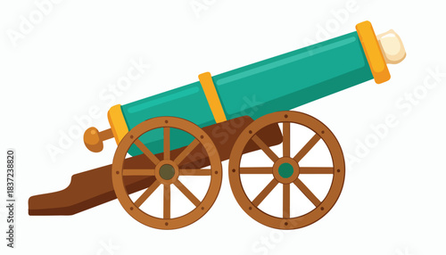 A cartoon illustration of a vintage cannon with a green barrel and wooden wheels on a white background, pointing upwards.