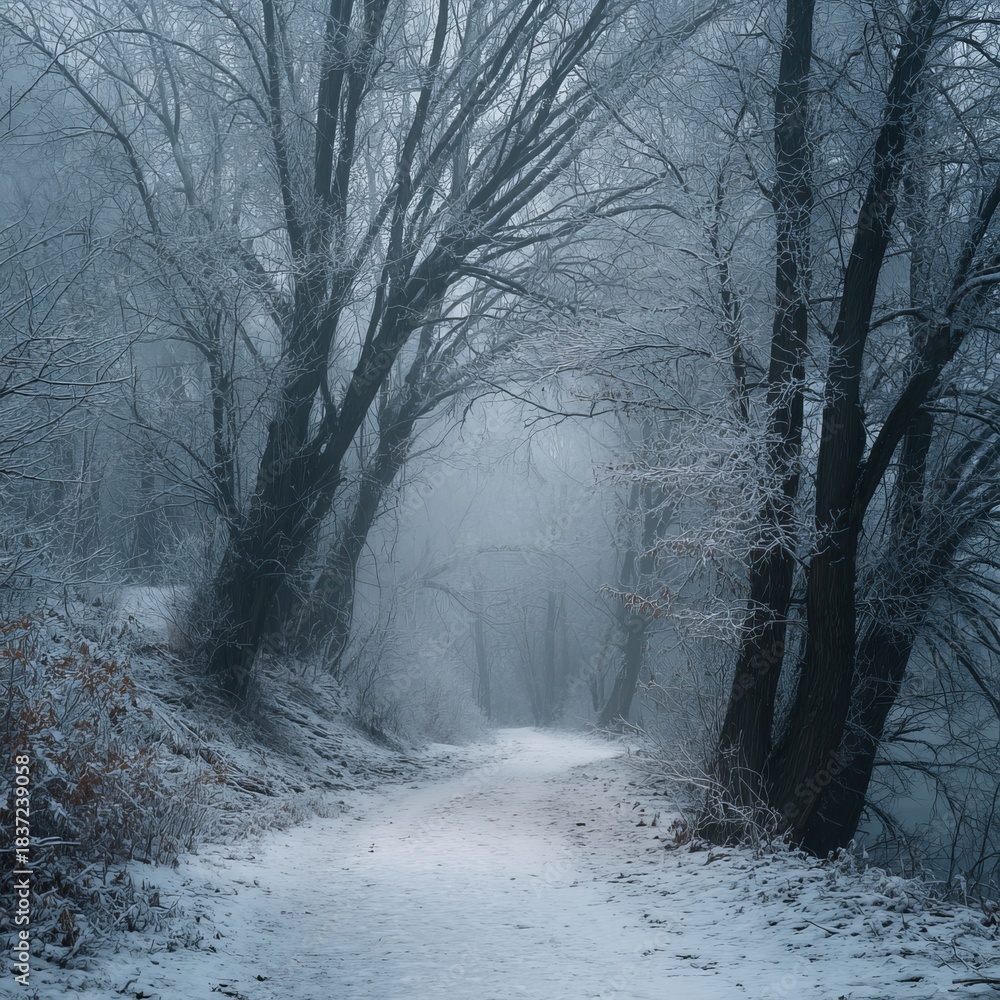 Obraz premium Snow-Covered Forest Trail in Winter Fog — Frozen Woods, Quiet Nature Path, Frosty Trees, Atmospheric Winter Landscape Perfect for Seasonal, Travel, and Nature Photography