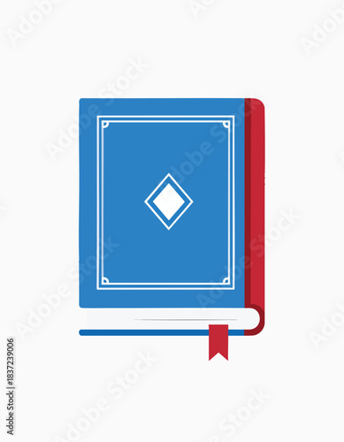 A blue book with a red spine and bookmark, featuring a white decorative border and a central diamond on the cover.