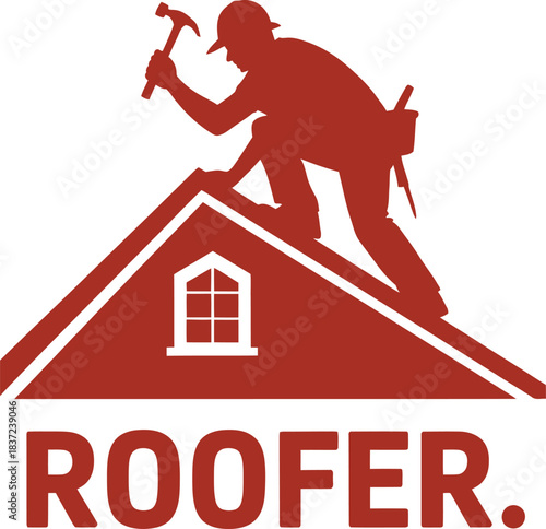 Red silhouette roofer vector logo with hammer raised on triangular roof featuring central window and bold branding text.