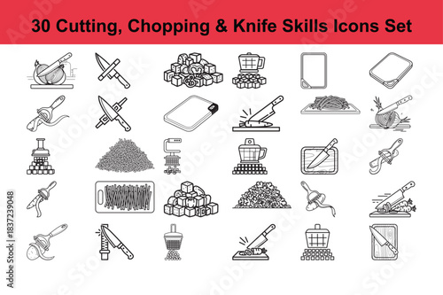 30 Cutting chopping knife skills icons set, outline style kitchen utensils and food preparation vector illustrations