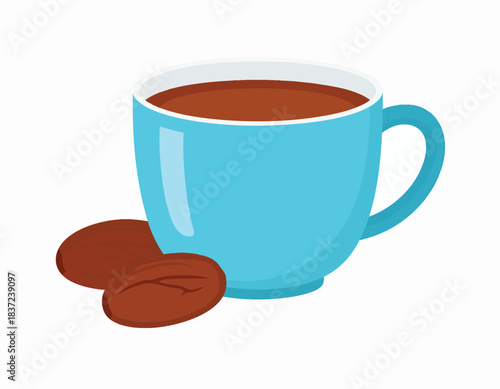 A light blue cup filled with hot coffee or chocolate, accompanied by two brown coffee beans on a white background.