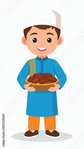 A happy cartoon boy wearing a white cap and blue traditional attire, holding a bowl of dates, celebrating a cultural or religious event.