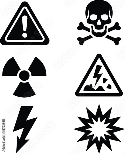 Danger and Warning Icons Set – Hazard, Toxic, Radiation, Electric Shock and Explosion Symbols