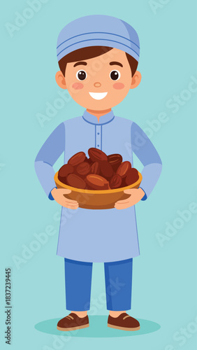 A smiling cartoon Muslim boy in traditional attire holding a bowl of dates, representing Ramadan or Islamic culture.