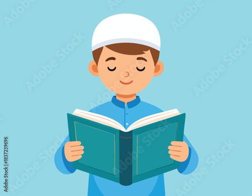 Young Muslim boy in traditional attire reading a holy book with devotion and concentration.