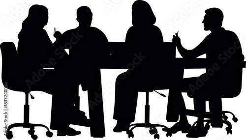Business Team Meeting Silhouette with Discussion at Office Table