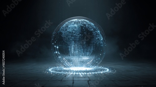 A luminous digital sphere of earth glows with interconnected lines, symbolizing global communication and technological advancement.