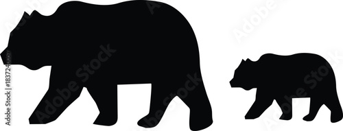 Silhouette of a mother bear and cub walking side by side
