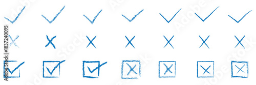 Green check marks and red crosses icon. Collection of green check marks and red cross symbols, including boxed versions, representing approval, rejection, validation, and error concepts.