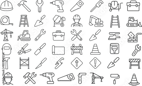 Construction and tools line icon set featuring workers, equipment, safety symbols and building tools
