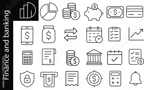 Finance and banking line icon set including money, payment, savings, bills, security, and financial management symbols