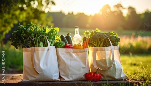 Reusable eco friendly shopping bags filled with fresh organic vegetables at sunset.