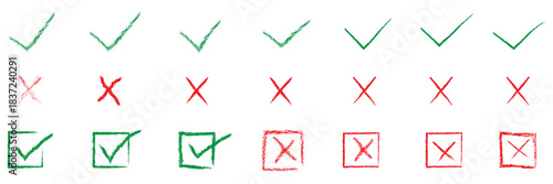 Green check marks and red crosses icon. Collection of green check marks and red cross symbols, including boxed versions, representing approval, rejection, validation, and error concepts.