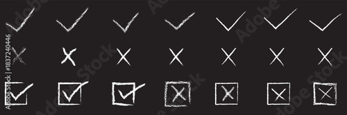 Green check marks and red crosses icon. Collection of green check marks and red cross symbols, including boxed versions, representing approval, rejection, validation, and error concepts.