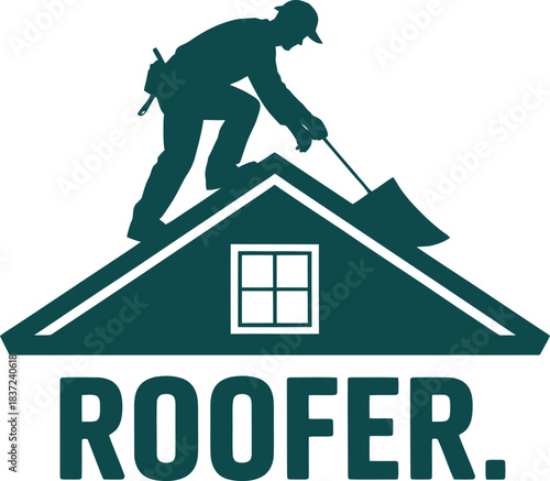 Roofer crouching silhouette vector logo with centered window and bold text for residential roofing branding.