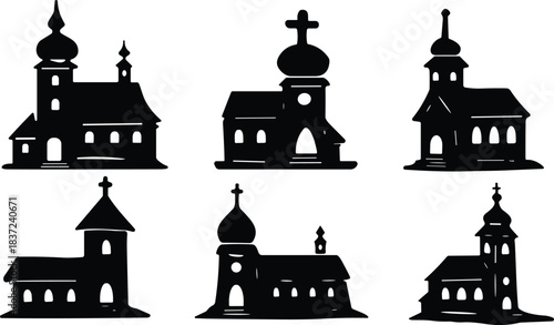 Flat vector illustration of church silhouettes, black religious architecture icons, domes and steeples, Christian buildings, Eastern and Western style design
