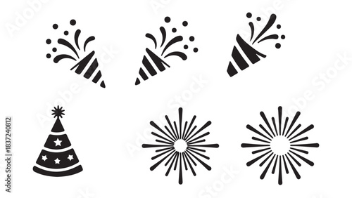 Black Party Popper And Firework Icon Set on White Background