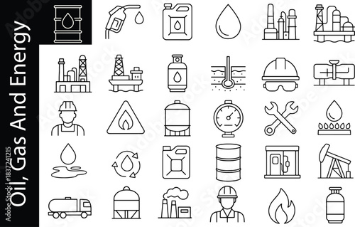 Oil, gas and energy industry line icon set featuring fuel, refinery, drilling, equipment and safety symbols