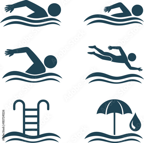 Swimming Icons Set – Swimmer, Pool Ladder, Water Waves and Beach Umbrella Symbols