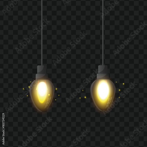 Pair of shining yellow electric lamps hanging from wires with magical firefly glow effects, isolated object for holiday decoration, creative ideas or party lighting.