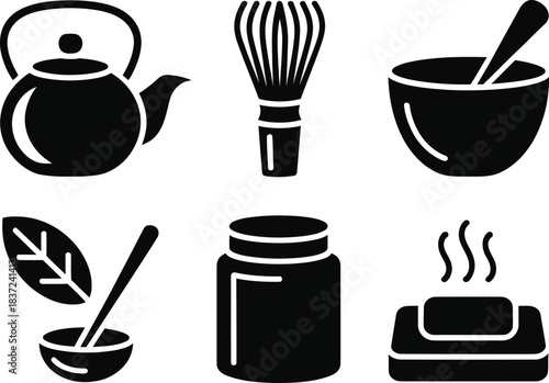 Tea Ceremony Icons Set – Teapot, Whisk, Bowl, Leaves, Jar and Steaming Cup Silhouette