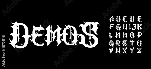 Demos font A unique gothic blackletter display font with sharp ornamental details, perfect for dark branding, metal titles, and medieval designs.