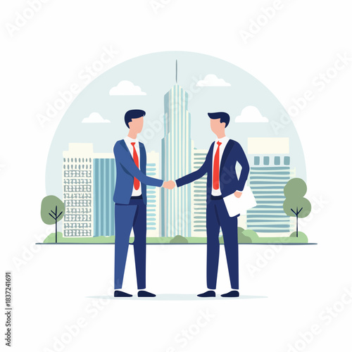 Two businessmen shaking hands in front of a cityscape with modern skyscrapers and trees.